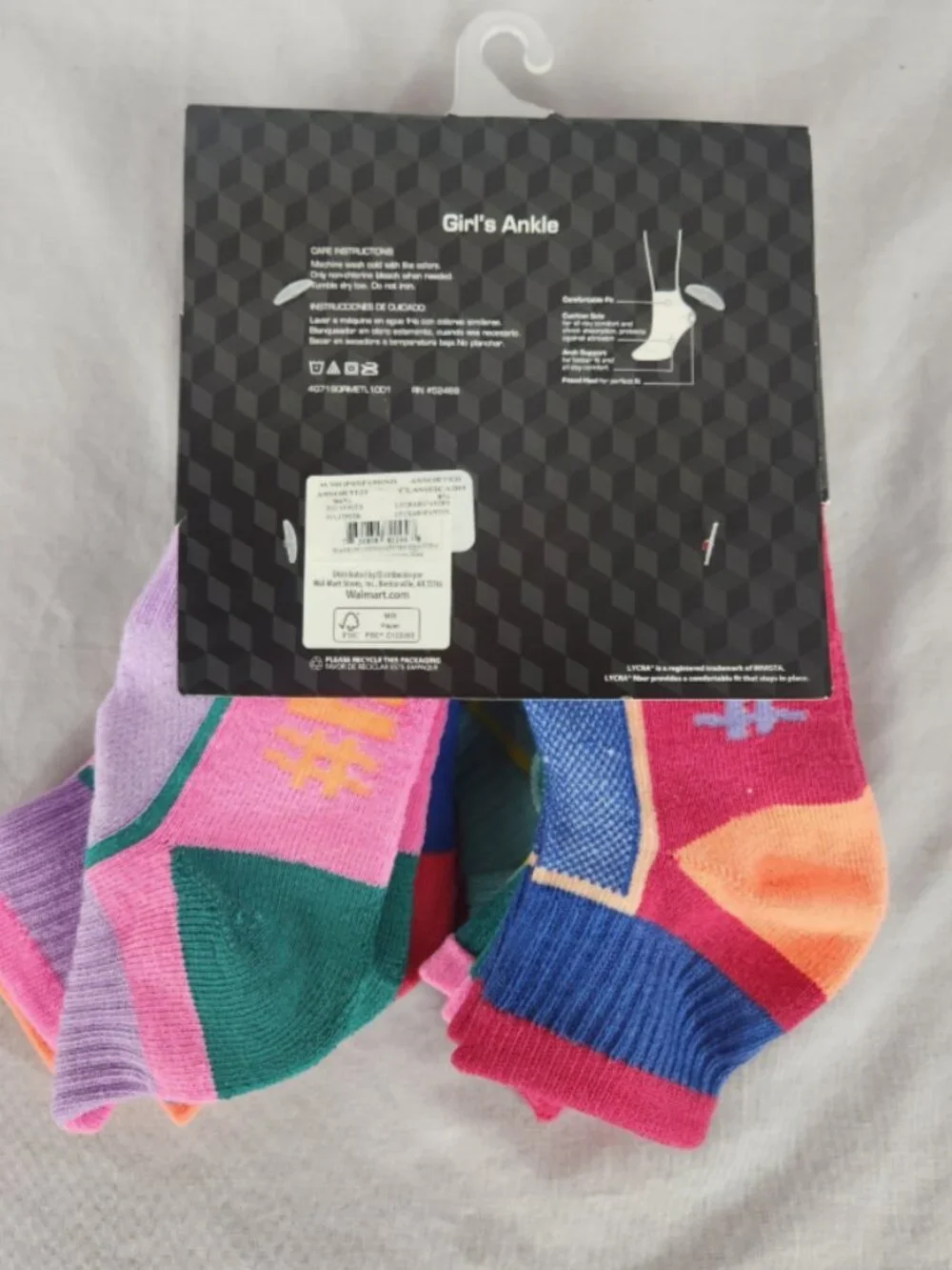 Athletic Works Girls Lycra Ankle Socks Large 6 Pair Bright Multicolor Messages